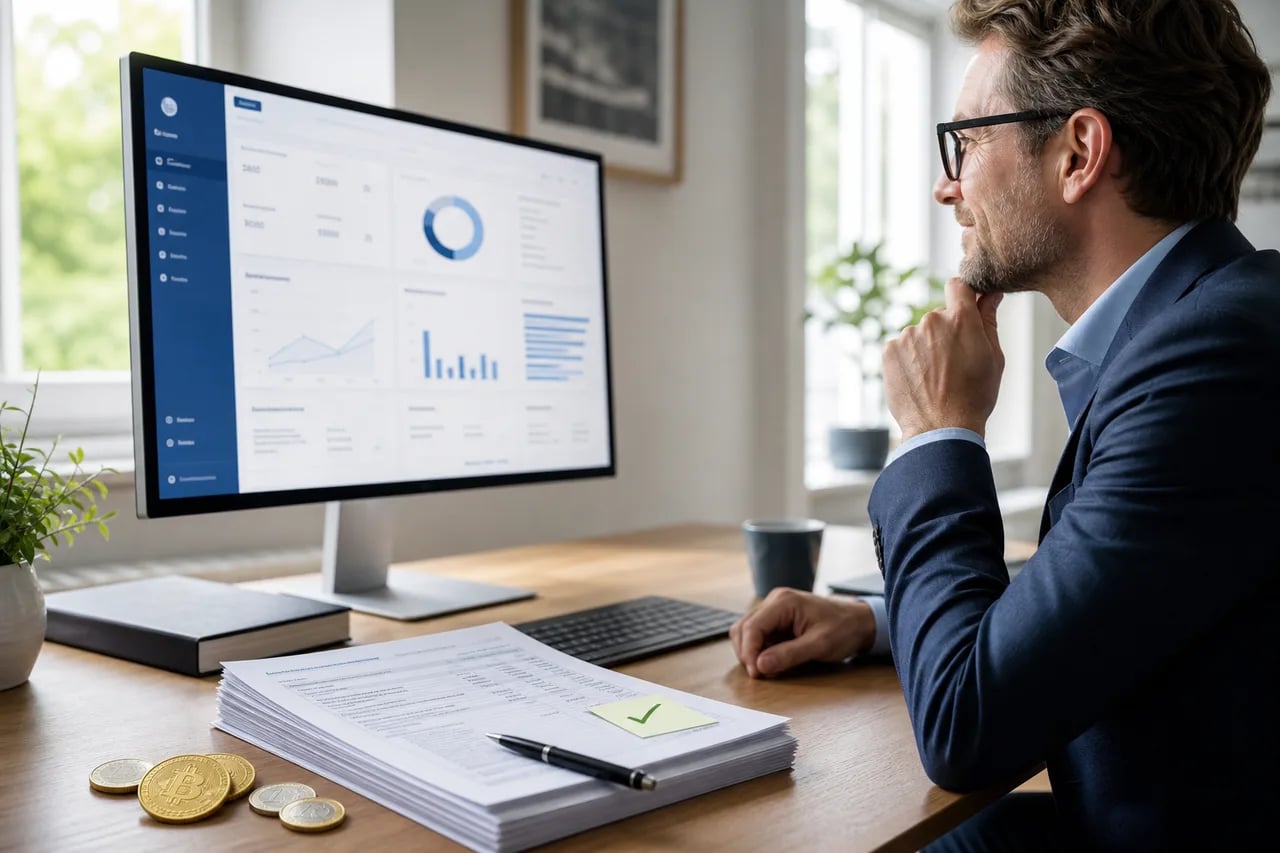 Person reviewing a cryptocurrency tax report on screen with documents and tax-year totals.
