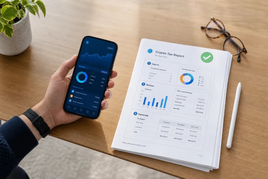 Smartphone with the NexovaleCapital app and a printed tax report ready to download.