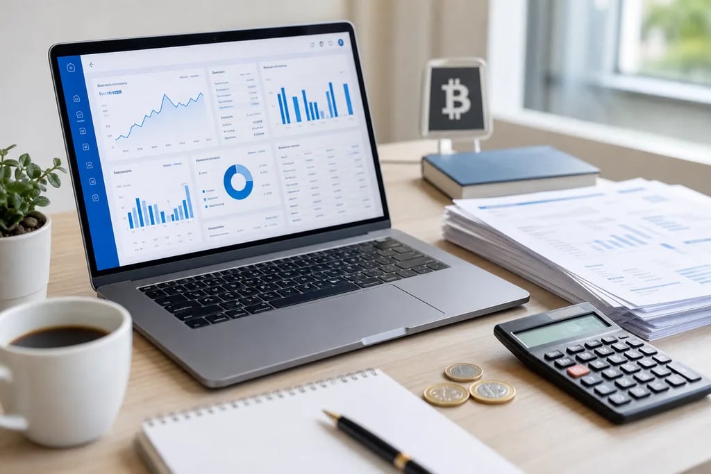 Laptop and documents showing a crypto tax report with charts and totals.